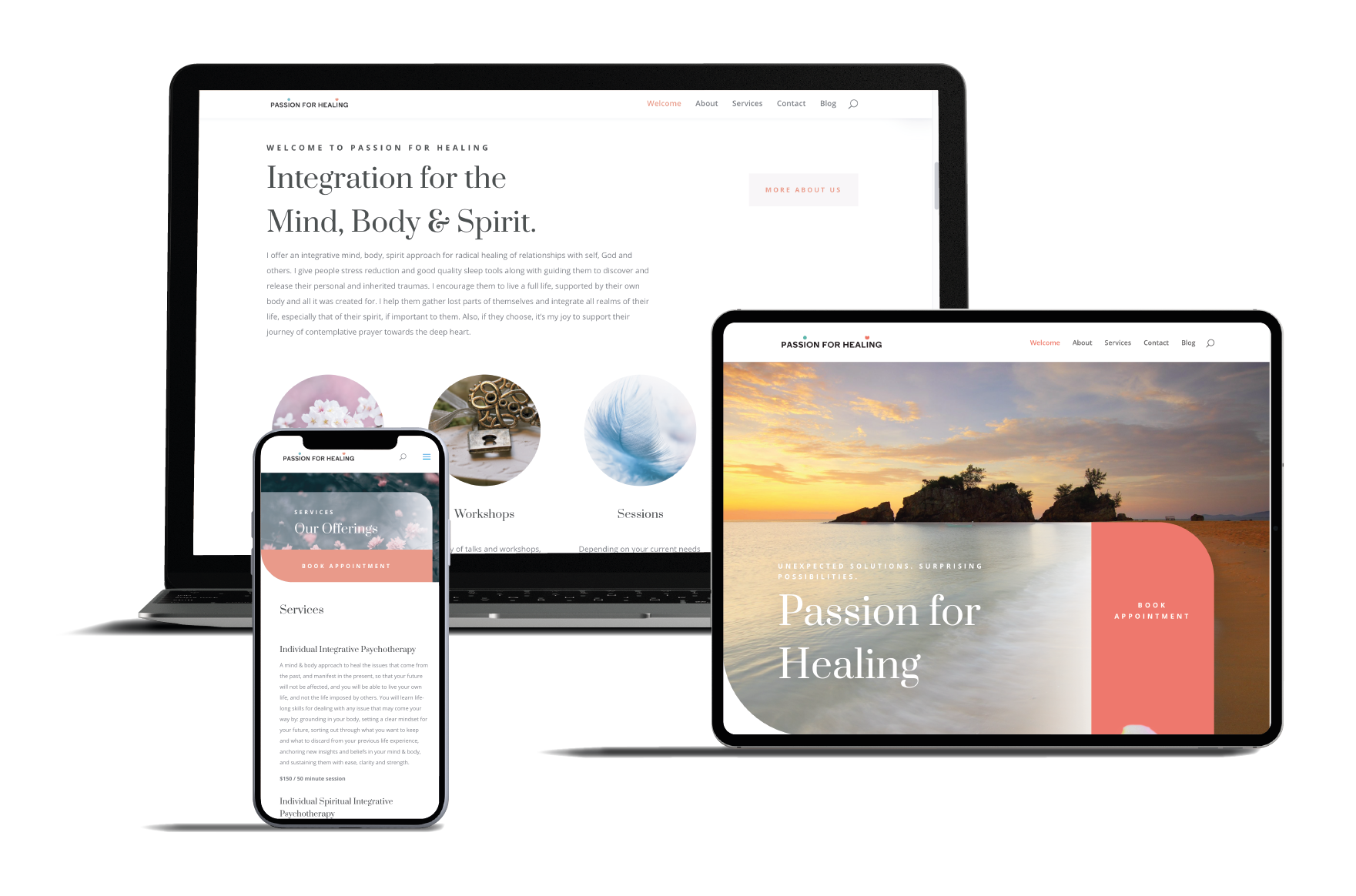 Passion for Healing — responsive site on devices